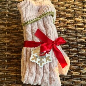 Jane and Bleecker Light Pink Cable Knit Socks with Red Ribbon
